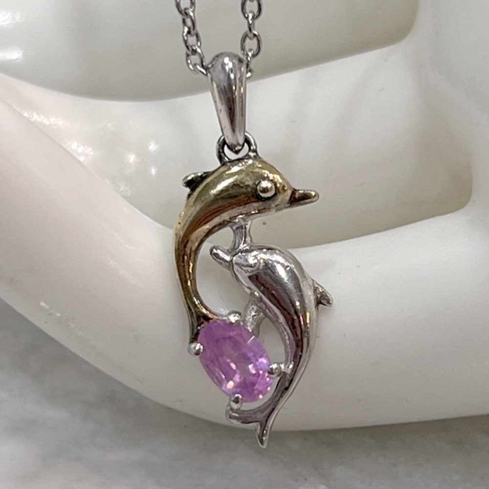 Niassa Pink Sapphire 14K RG Sterling Silver Double Dolphin Pendant 20” Necklace